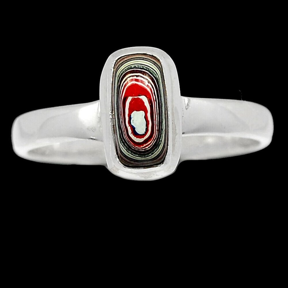 Red and Black Sterling and Fordite Ring Size 8